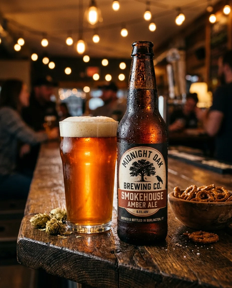 AI-generated craft beer product photo with condensation, backlit amber ale, and bar atmosphere