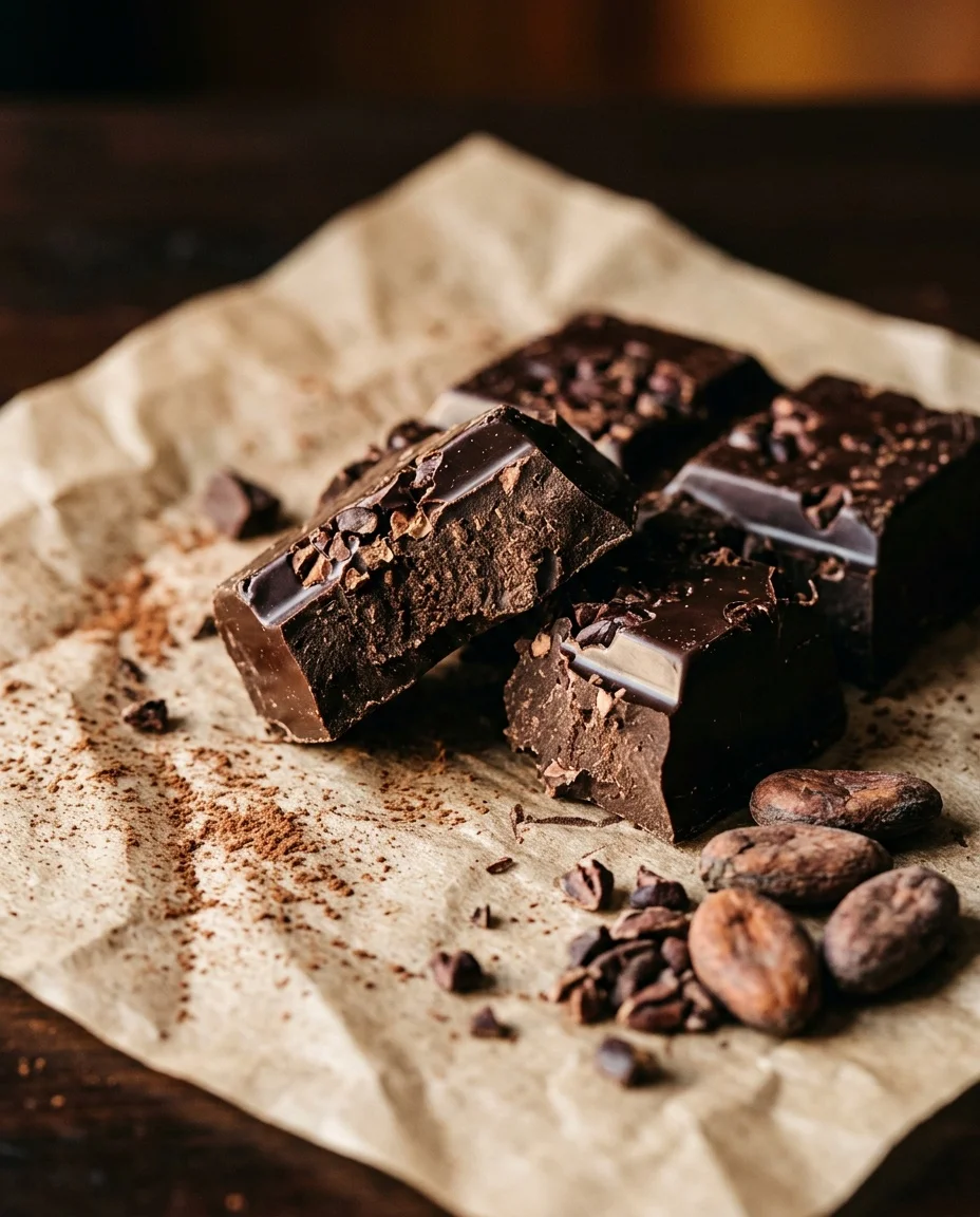 AI-generated artisan chocolate product photo with cocoa powder and cacao beans