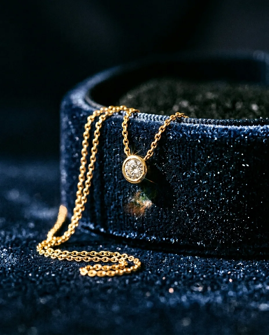 AI-generated gold pendant necklace on navy velvet with diamond sparkle