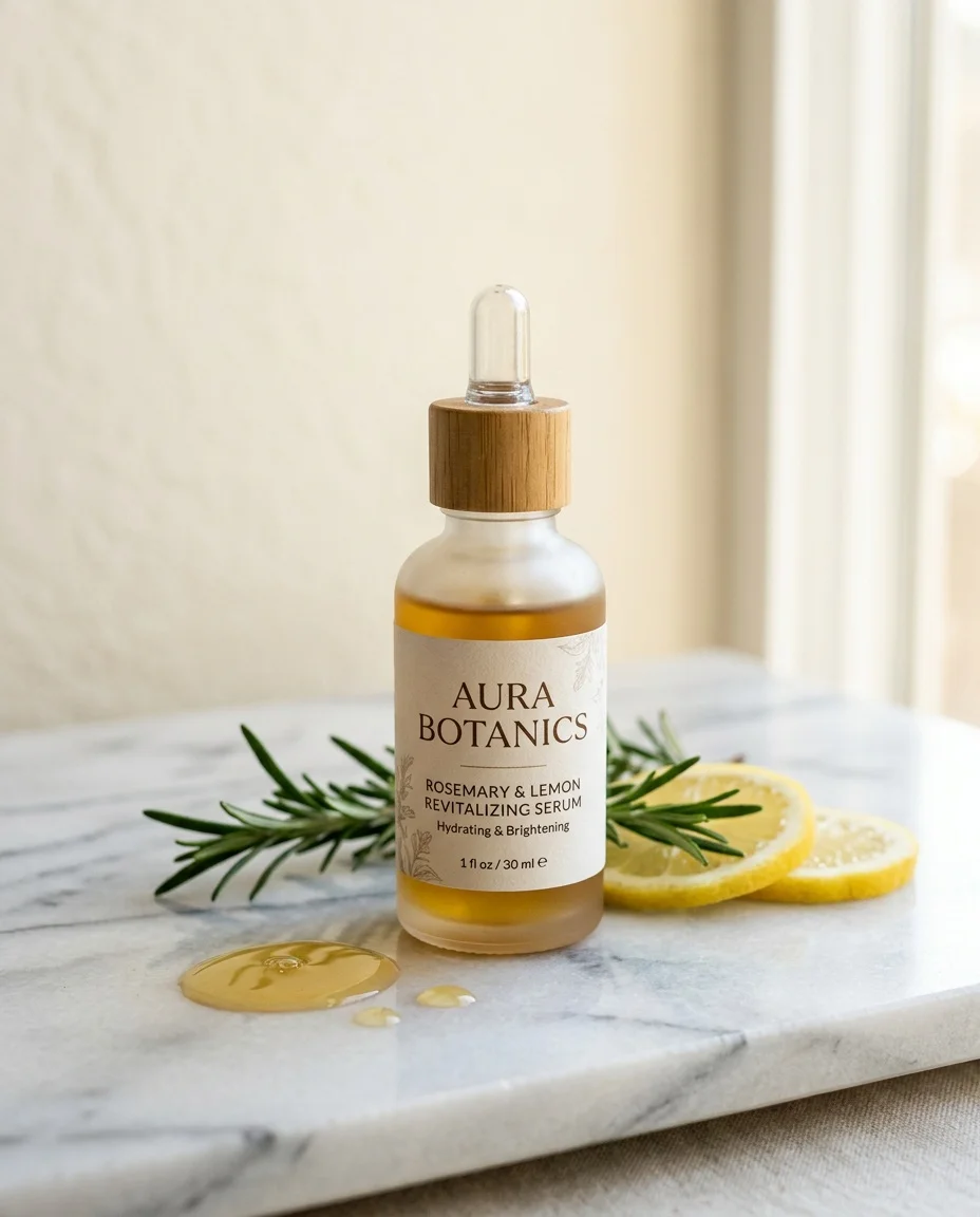 AI-generated skincare serum product photo on marble with rosemary and lemon